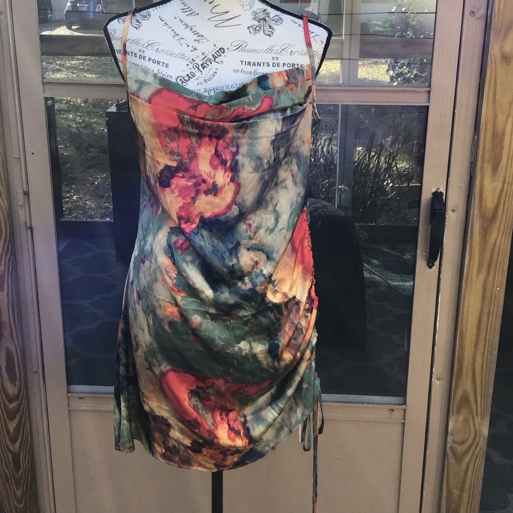 Micas Watercolor Print Ruched Drawstring Multi Color Mini Slip Dress - Picture 9 of 16